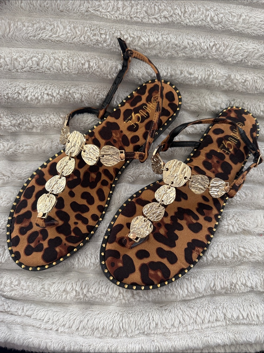 Rouge! Leopard Print T-Strap Sandals with Gold Discs - Women